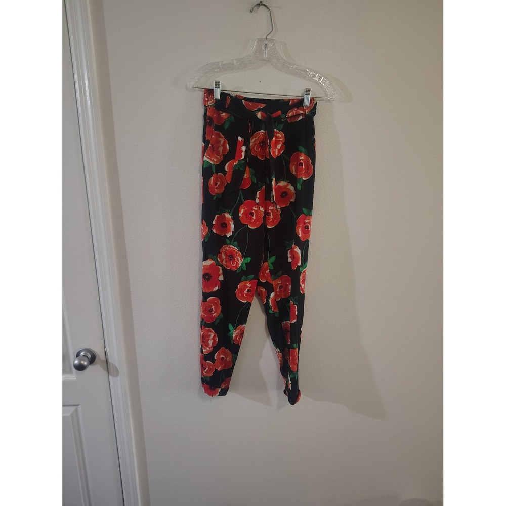 Eva Mendes New York & Company Red Poppy Floral High Waist Tie Belt Pants XS